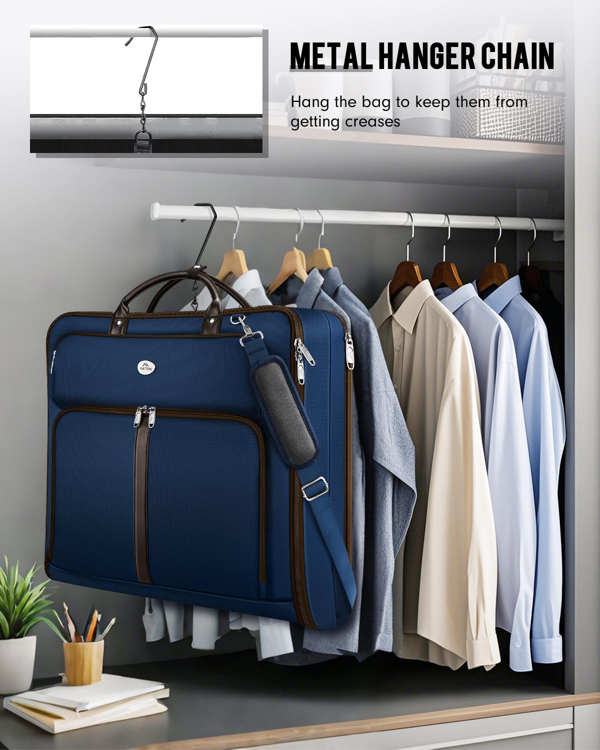 MATEIN Suit Bag Travel, Large Travel Garment Bag Up to 7 Suits with Strap, Business Foldable Garment Carrier Fit 17.3 inch laptop, 2 in 1 Carry On Hanging Luggage Suitcase with Shoe Compartment, Blue