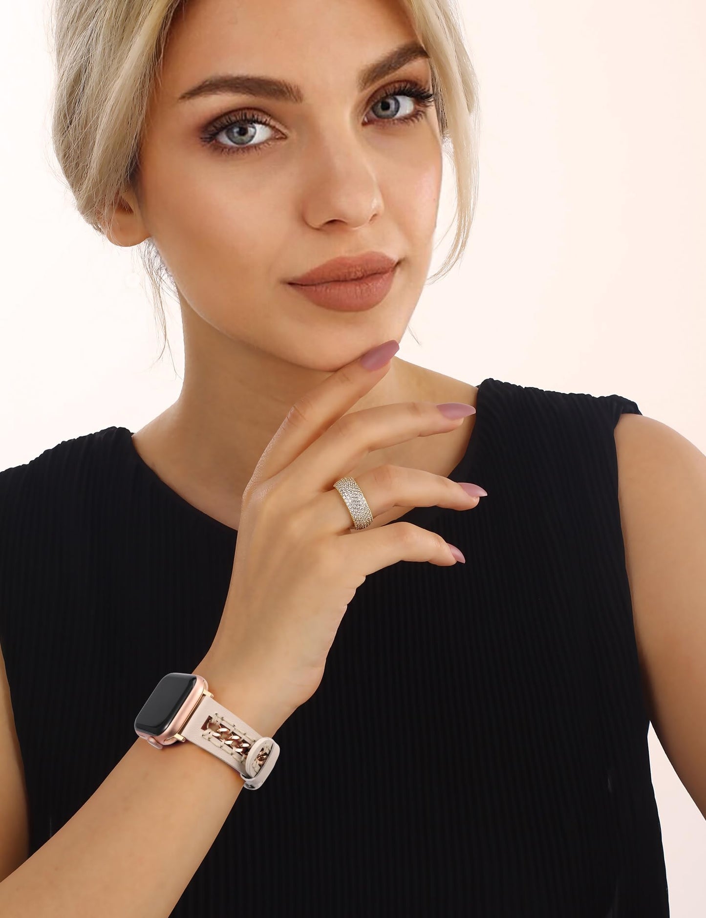 Minyee Leather Band Compatible with Apple Watch Bands 38/40/41/42/44/45/49mm Women,Dressy Designer Premium Leather Strap with Stainless Steel Metal Hollow-out Chain Bracelet for iWatch Ultra 2 Series