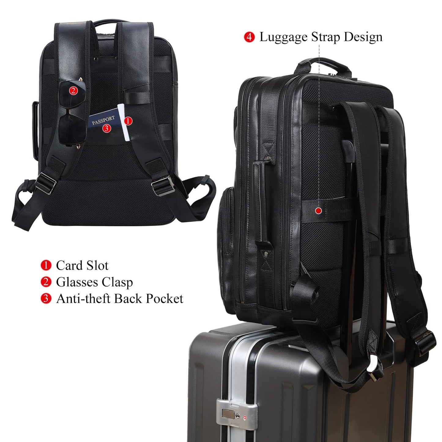 TIDING 17.3" Leather Laptop Backpack for Men Multi Pockets Casual Daypack Business Travel Rucksack, Black