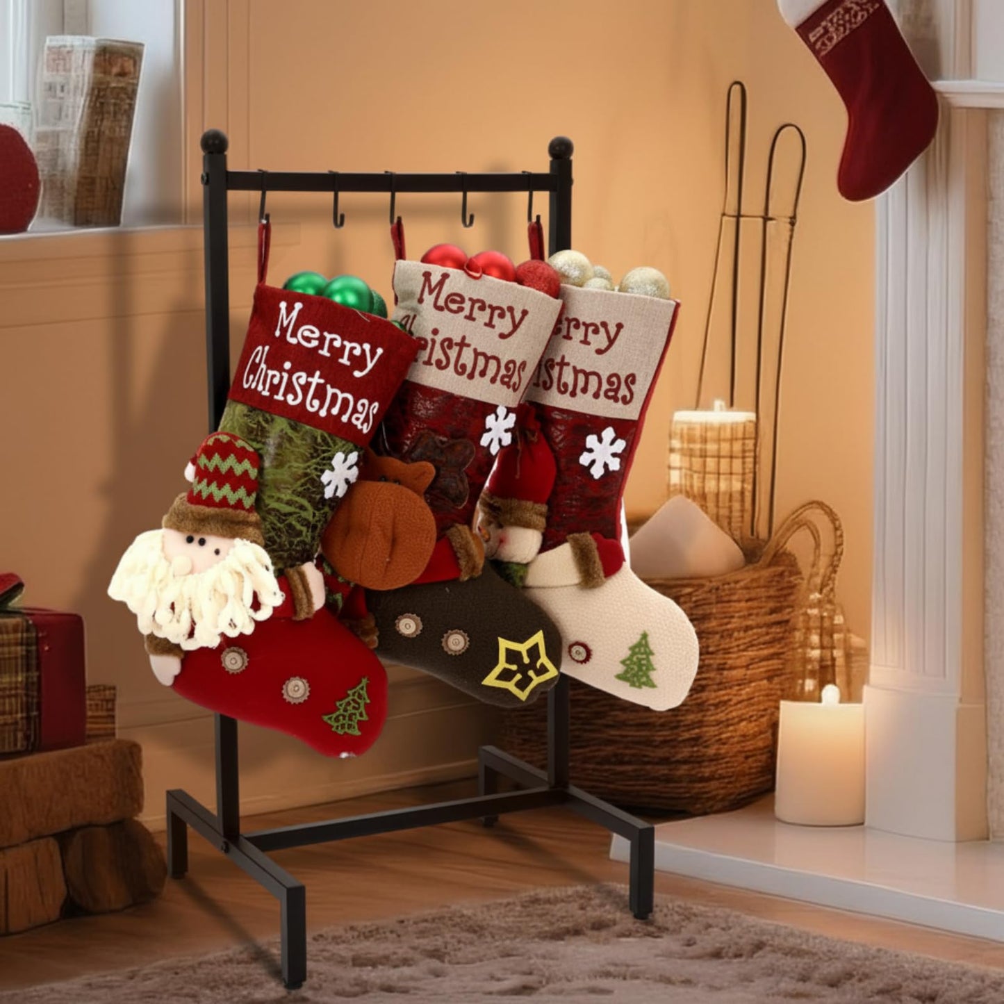 Zonon Christmas Stocking Holder Stand for Floor Free Standing Stocking Hangers with Removable Hooks and Wheels Heavy Duty Metal Rack with Stable Base for Home Mantel Bathroom Towel Blanket Display