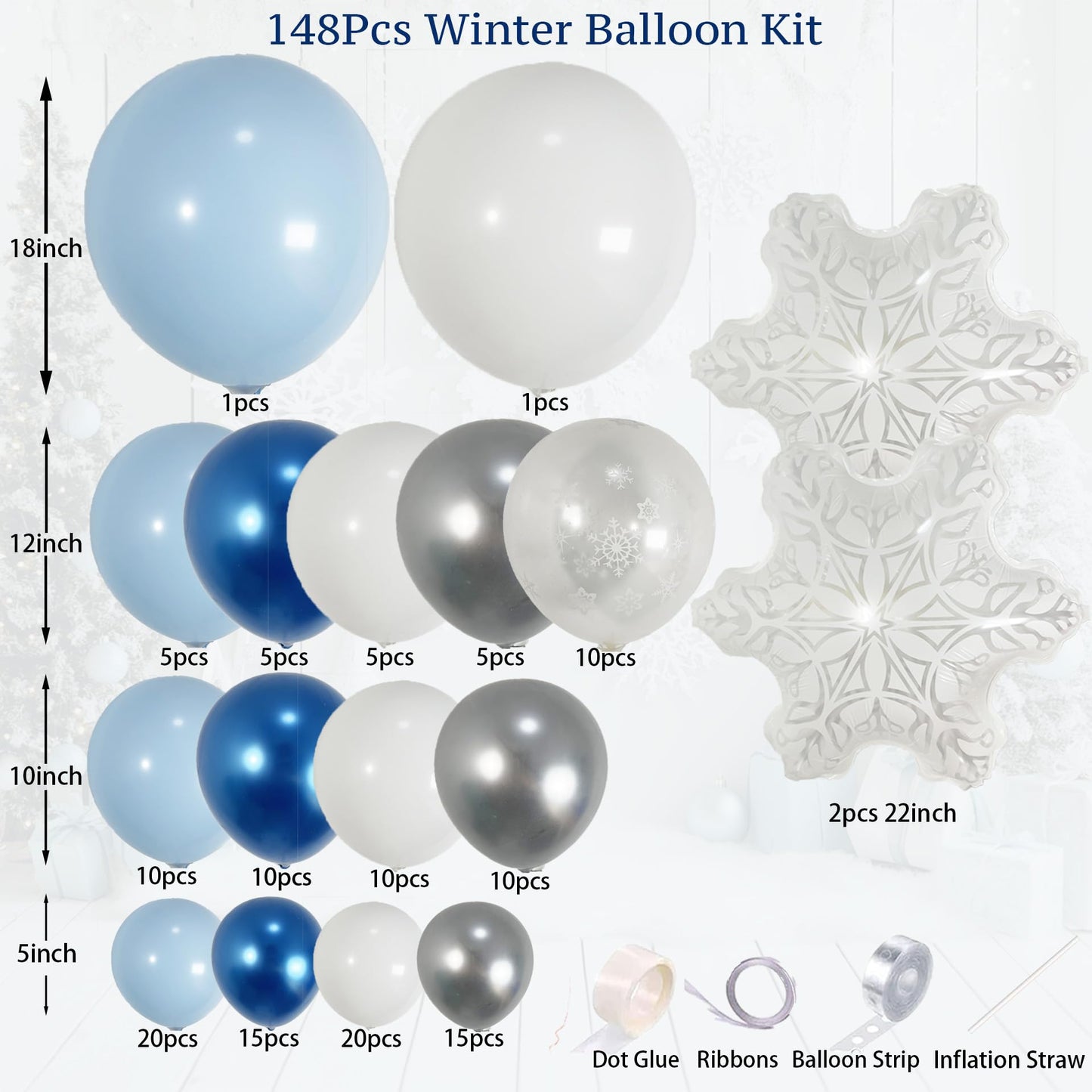 BlissBash 148Pcs Winter Balloon Arch Garland Kit with Blue White Metallic Blue Siver Snowflake Balloons for Winter Wonderland Baby Shower, Christmas Party Supplies, Snow Theme Birthday Decoration