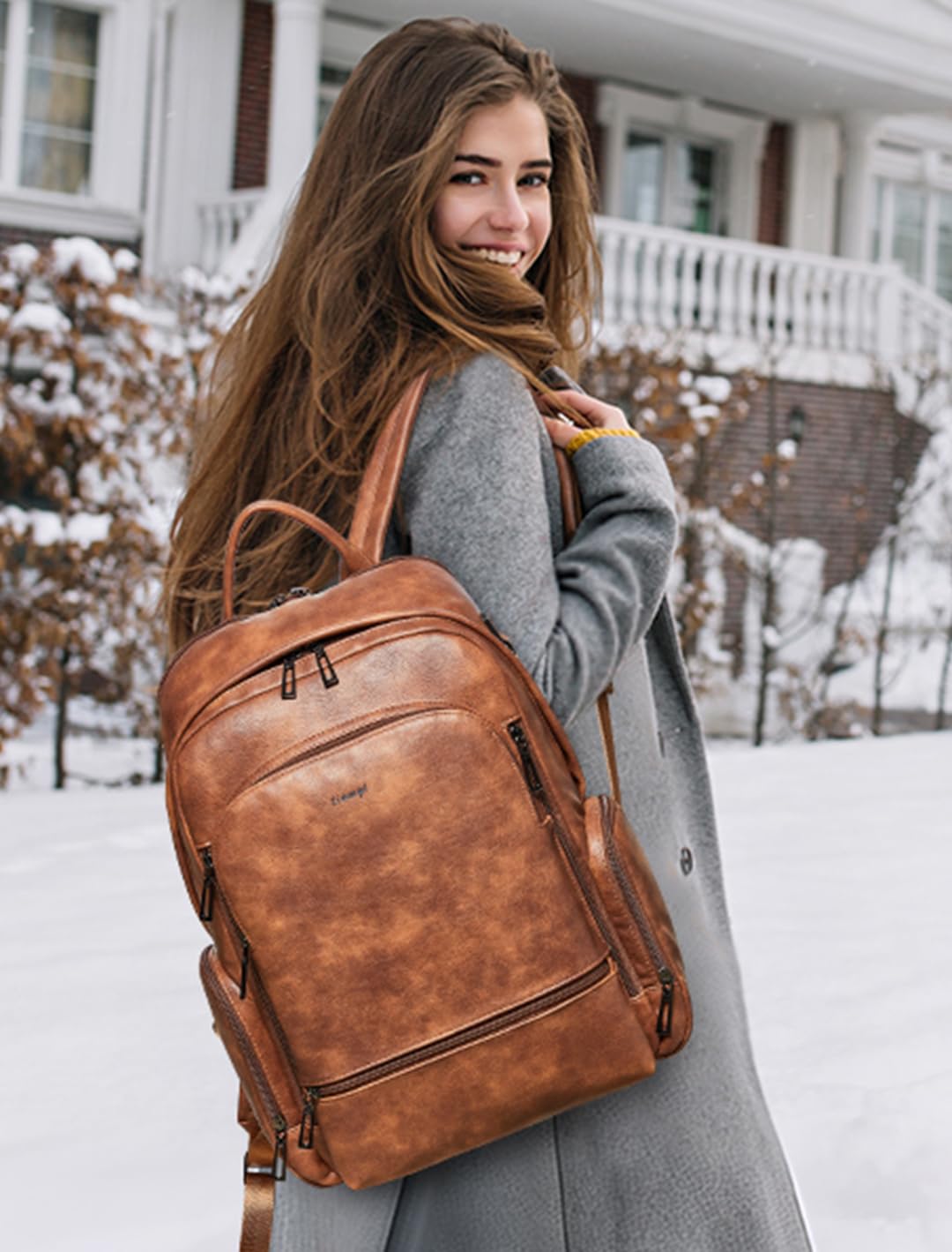 tiamyi Leather Backpack for Women Men, Fits 16.0 Inch Laptop, Soft Vegan Leather Backpack for Travel and Daily Use, Brown
