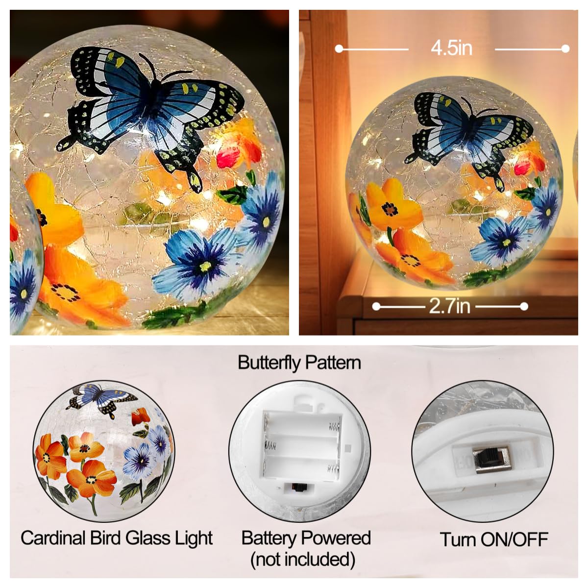 Crackle Glass Ball Light Butterfly Floral Pattern LED Night Light Indoor Tabletop Decorative Sphere Lamp for Home Decor Christmas Birthday Wedding Girls Women's Gift (1 Pack)