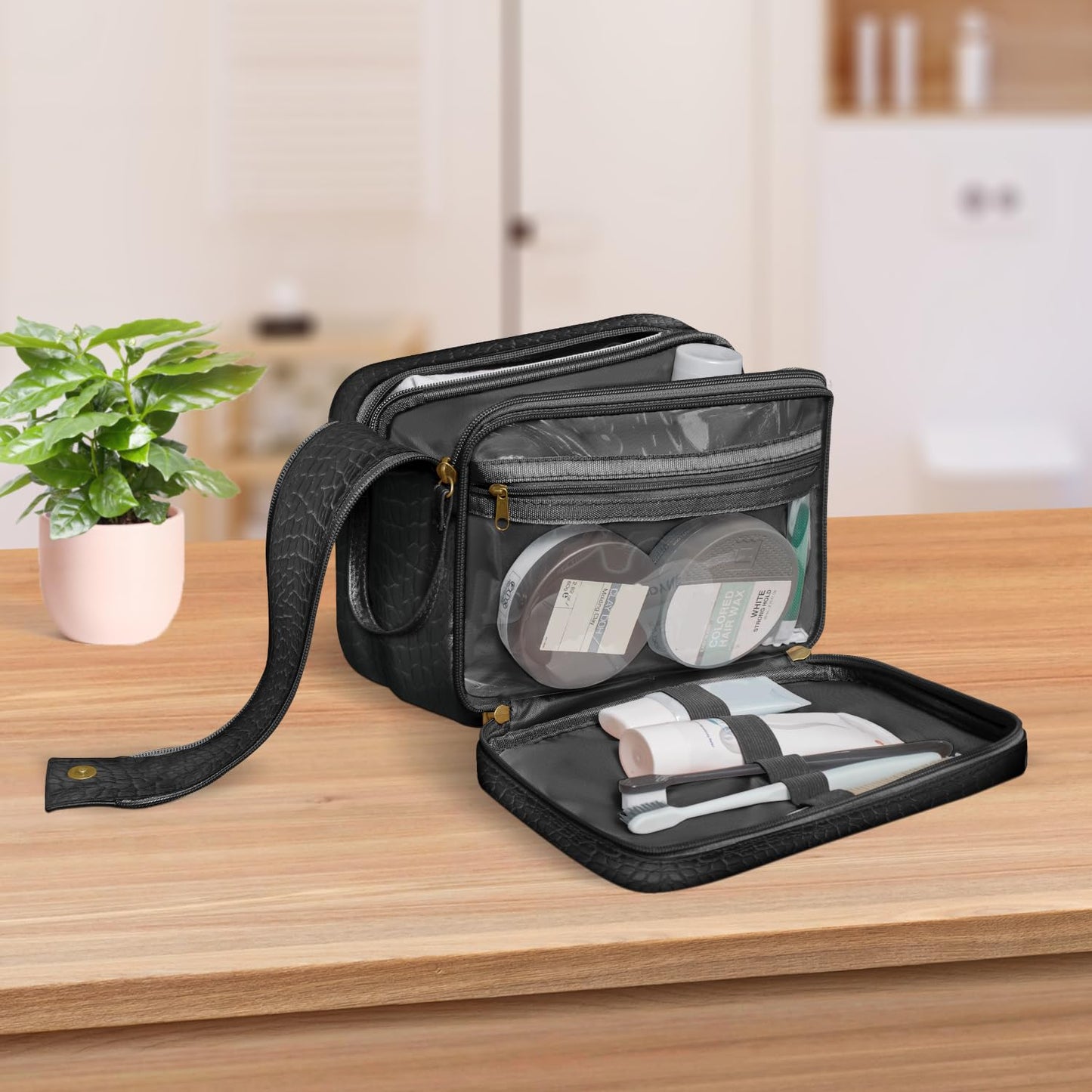 Dot&Dot Leather Toiletry Bag for Men Women - Spacious Womens Mens Toiletry Travel Toiletries Bags (Black Croc)