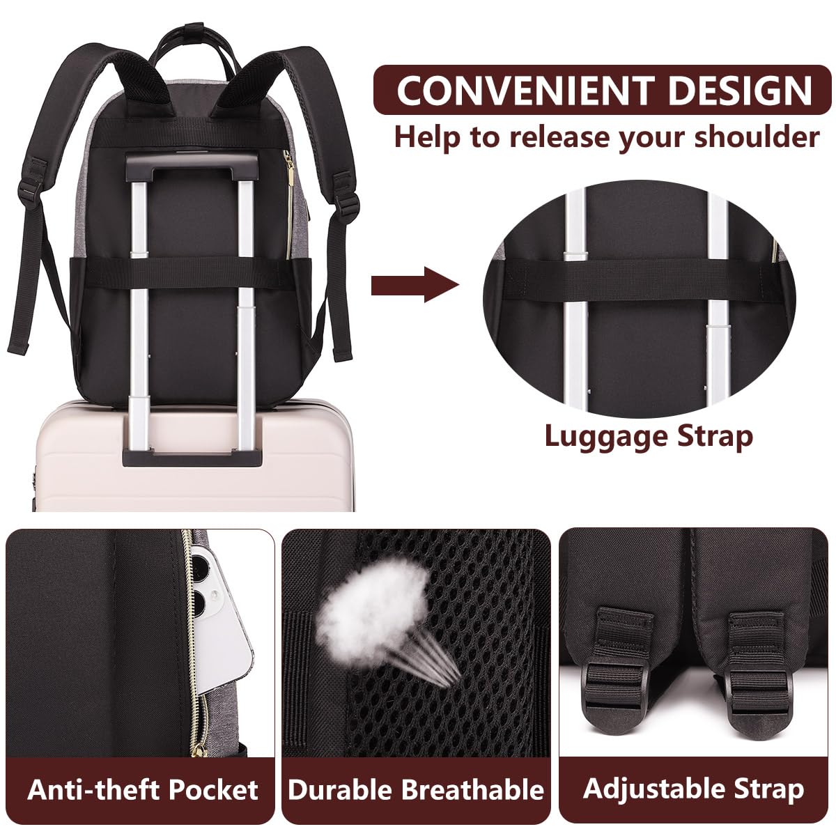 bagswan Laptop Backpack for Women/Men, Fits 15.6 Inch Laptop Bag, Fashion Travel Work Anti-theft Bag, Business Computer Waterproof Backpack Purse, Grey Black
