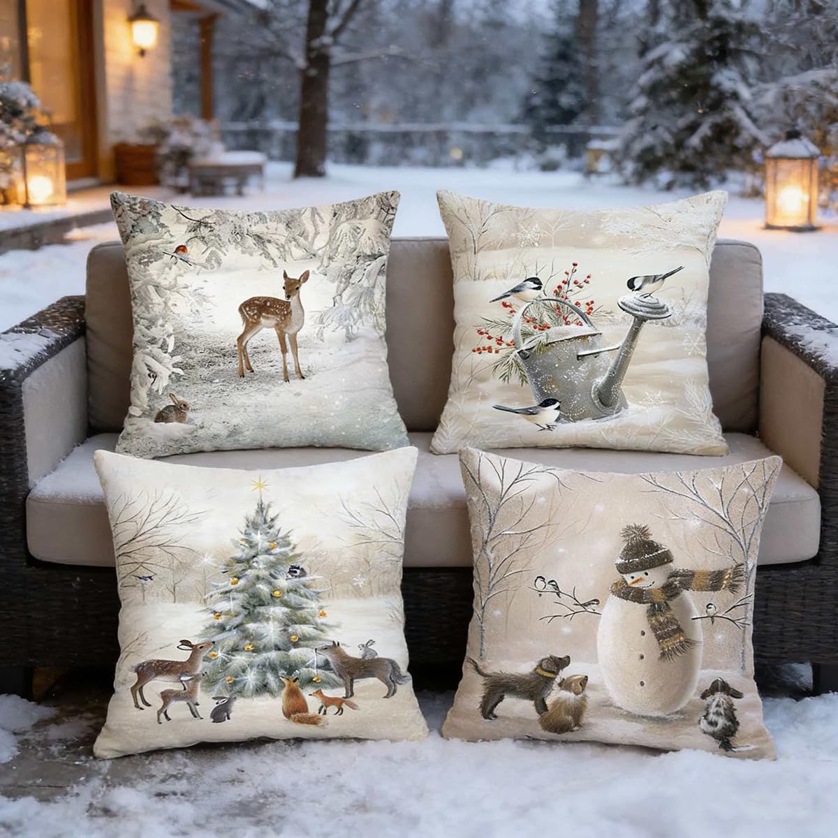 Animals Throw Pillow Cover Christmas - 18 x 18 Inch Pet Snowman Vase Deer Dog Rabbit Bird Xmas Tree Pillow Case - Set of 4 Square Winter Snowfield Pillowslip, Great for Sofa, Patio, bedroom Decor