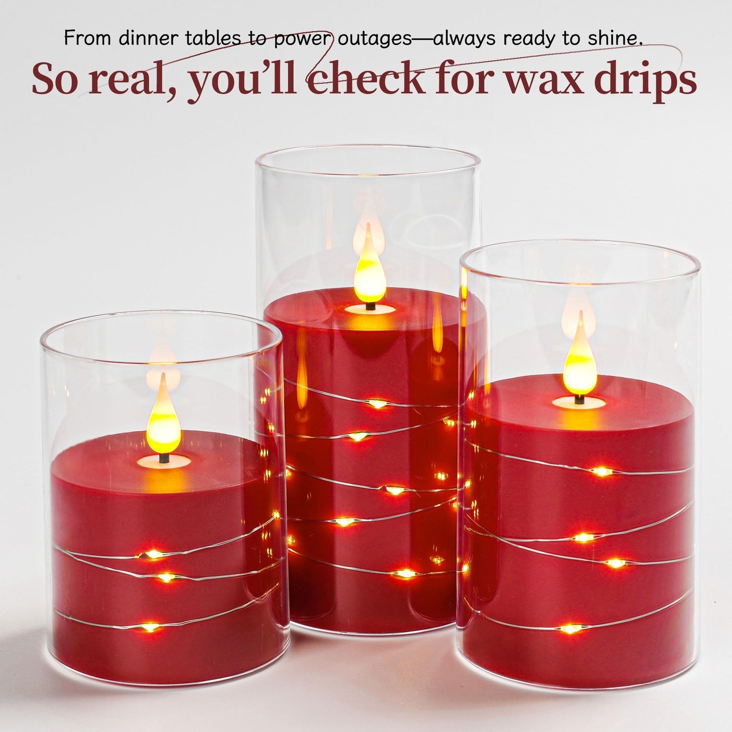 Da by 3 Pack Red Transparent Acrylic Flameless Taper Candles, Flickering Black Wick LED Candles with Fairy String Lights, Heat Resistant ABS Candles with Remote for Indoor Outdoor Decor