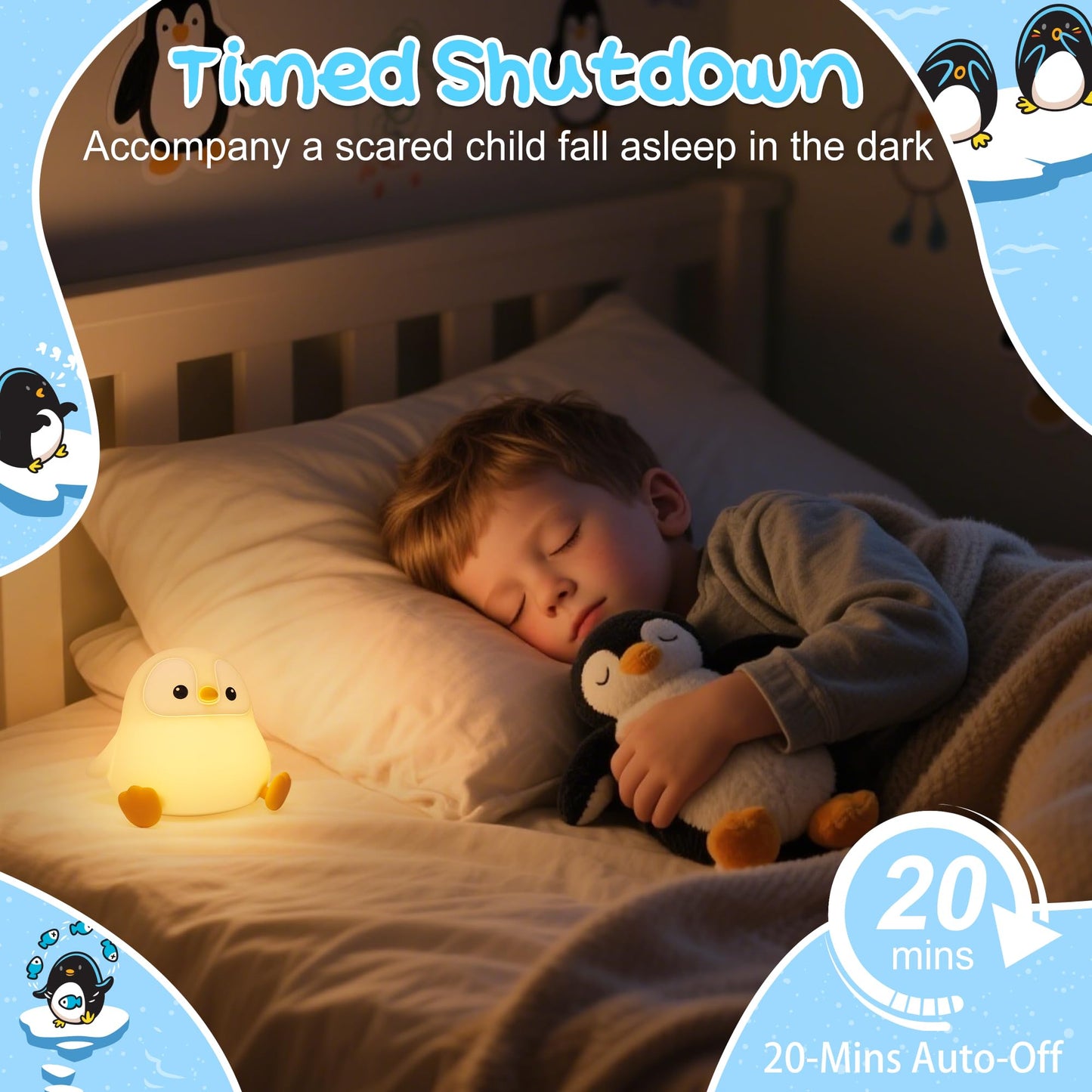 Okayera Penguin Night Light, Pudgy Penguins Squishy Nightlight for Kids, LED Silicone Nursery Lamp with Dimmable & 20 Mins Timer, Rechargeable Bedroom Bedside Docer Stuff, Cute Gifts for Boys Girls