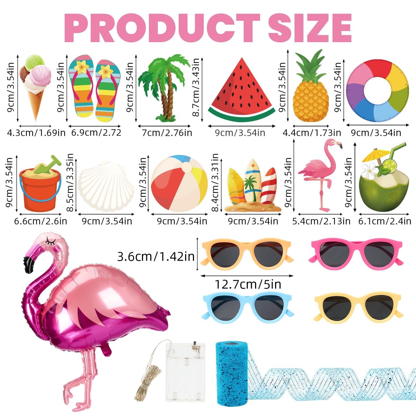 31 Pcs Summer Tree Ornaments Set, Christmas in July Wooden Crafts, Tropical Hawaiian Tree Hanging Decorations with Flamingo Balloon Sunglasses String Lights for Luau Hawaiian Party Holiday Decor