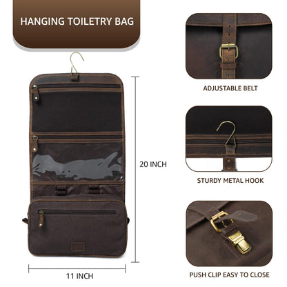 LEATHER VILLAGE Hanging Genuine Leather Toiletry Bag for Men – Handcrafted Vintage Travel Dopp Kit with Waterproof Lining, Shaving Organizer and Shower Bathroom Essentials Case - Brown