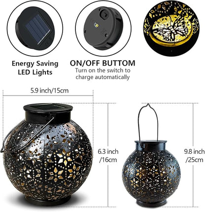 2 Pack Outdoor Solar Lantern Lights, Waterproof Tabletop LED Moroccan Lanterns, Hanging Metal Decorative Garden Lights for Patio, Lawn, Porch, Backyard