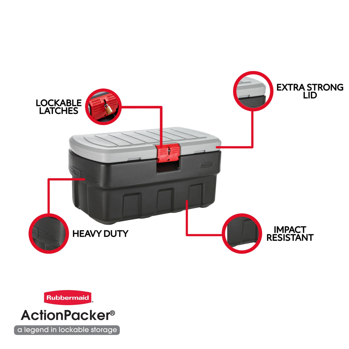 Rubbermaid ActionPacker Lockable Storage Box, 35 Gal, Grey and Black, Outdoor, Industrial, Rugged