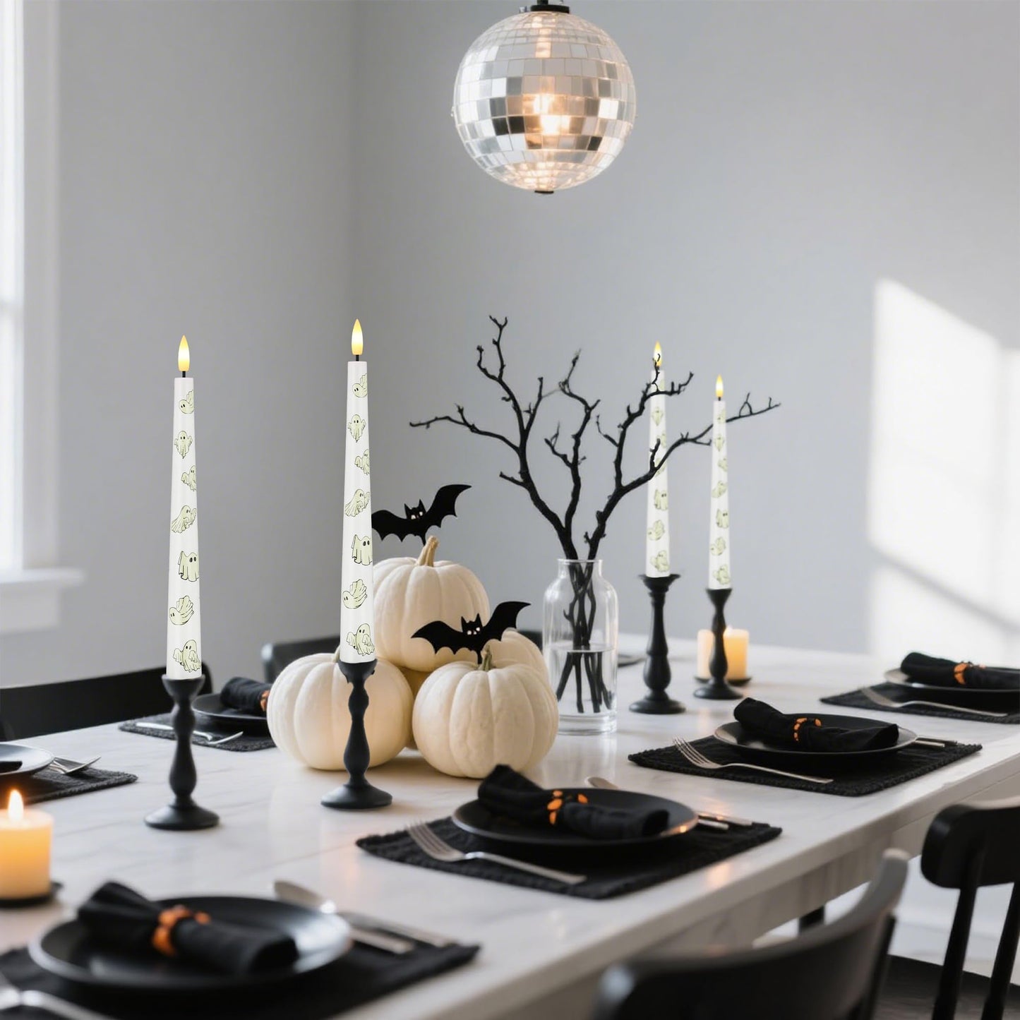 AFINETH Halloween Flameless Taper Candles with Ghosts Glow in The Dark, Real Wax Battery Operated Candles with Remote, 3 Pack Flickering Halloween Led Candlesticks for Party Home Decor