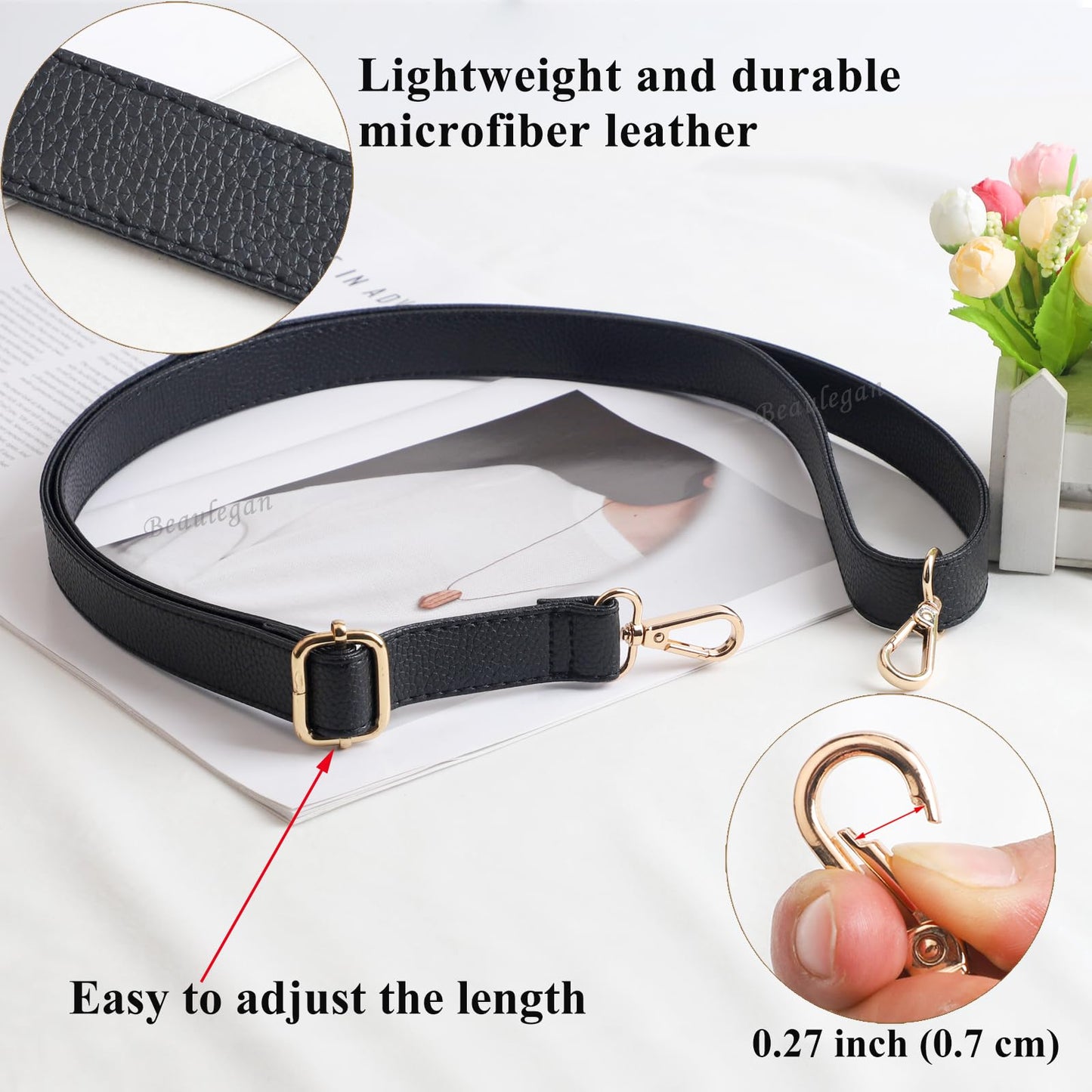 BEAULEGAN Purse Strap Replacement - Full Grain Microfiber Leather - 59 Inch Long Adjustable for Crossbody Shoulder Bag - 1 Inch Wide, Black/Gold