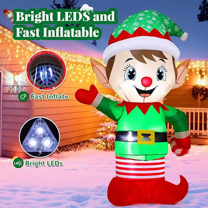 GOOSH 5.4 FT Christmas Elf Inflatable Decoration Blow Up Elf Outdoor Christmas Yard Decoration Inflatable Holiday Indoor Outdoor Party Garden Yard Decoration