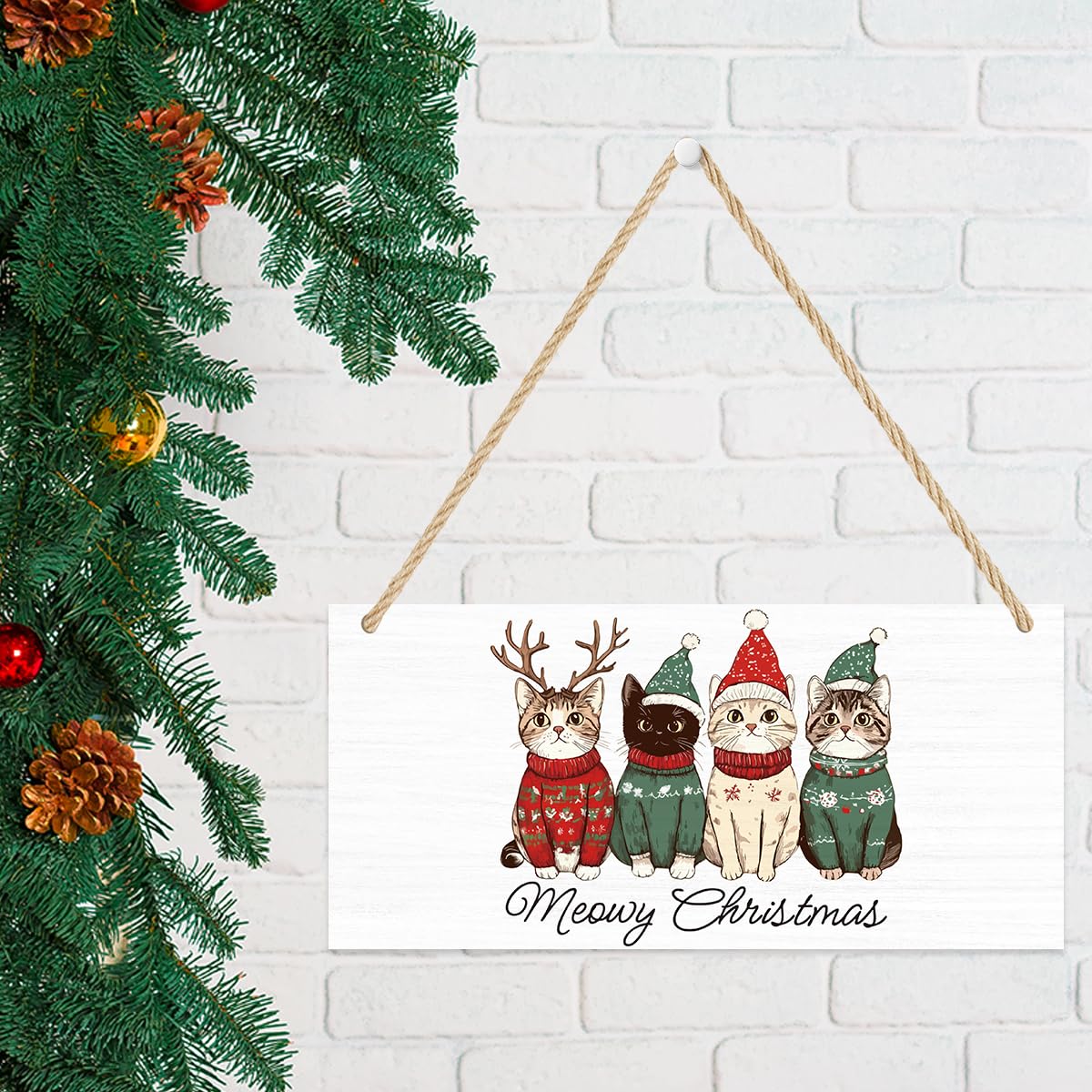 Cute Christmas Cats Decor Merry Christmas Sign Cat Lover Gifts Xmas Tree Party Decoration Winter Decoration Wooden Signs Rustic Hanging Plaque Home Wall 12 x 6 inches