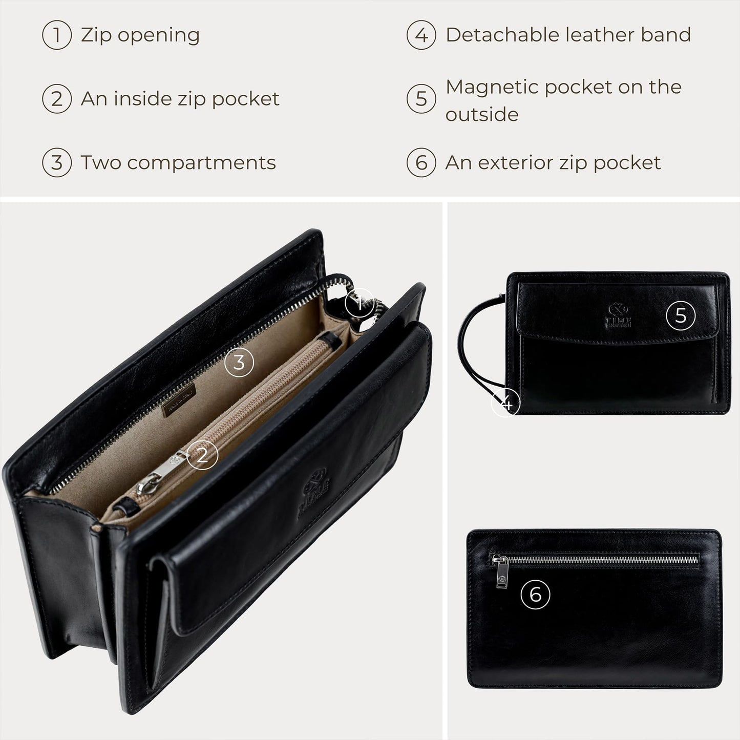 Time Resistance Leather Clutch for Men - Organizer Wrist Bag Briefcase - Handmade in Italy (Black) - Gift Box Included