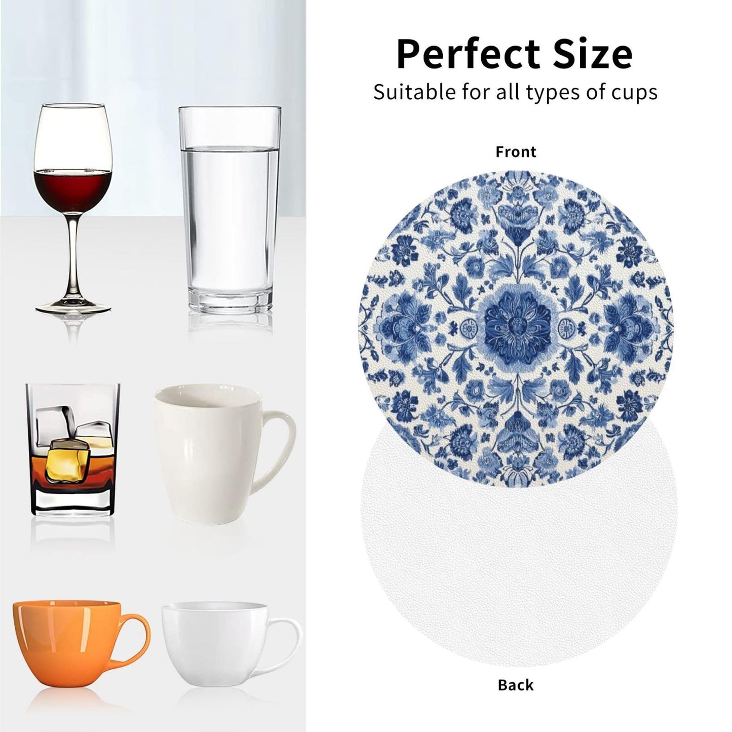 White Blue Pattern Coasters for Drinks Absorbent Leather Coasters Set of 6 for Coffee Table Cup Bar Desk Round Coaster Mats Holiday New Home Decors
