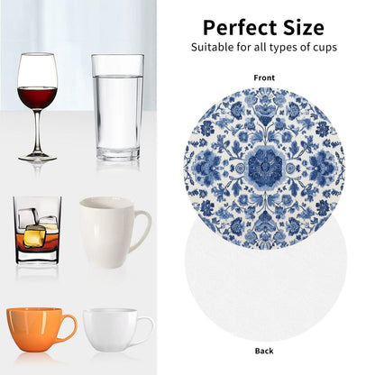 White Blue Pattern Coasters for Drinks Absorbent Leather Coasters Set of 6 for Coffee Table Cup Bar Desk Round Coaster Mats Holiday New Home Decors