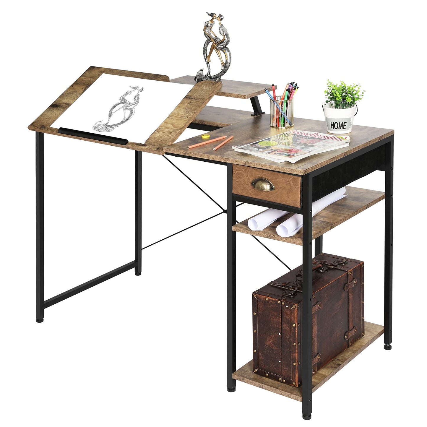 X-cosrack Drafting Table with Storage Shelves & Drawer, 43" Adjustable Art Desk with Monitor Stand for Home Office Computer, Tiltable Draft Drawing Table for Artist, Study, Writing Workstation