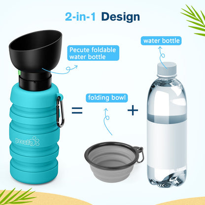 Pecute Dog Water Bottle Portable & Collapsible,17oz-29oz Water Dispenser with Folding Bowl, 5 Levels Capacity in 1,Carabiner Clip,100% Food Grade Silicone,Outdoor Walking,Hiking,Travel,Light Blue