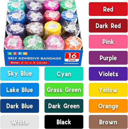 Self Adhesive Bandage Wrap - 16 Pack Elastic Cohesive Tape | 2" X 5 Yards, Colorful Athletic & Vet Wrap
