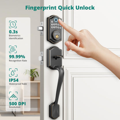 Keyless Entry Door Lock with Handle Set - Fingerprint Door Locks, Electronic Keypad Deadbolt, Smart Locks for Front Door, Auto-Lock & One Touch Locking, Easy Installation - Satin Nickel