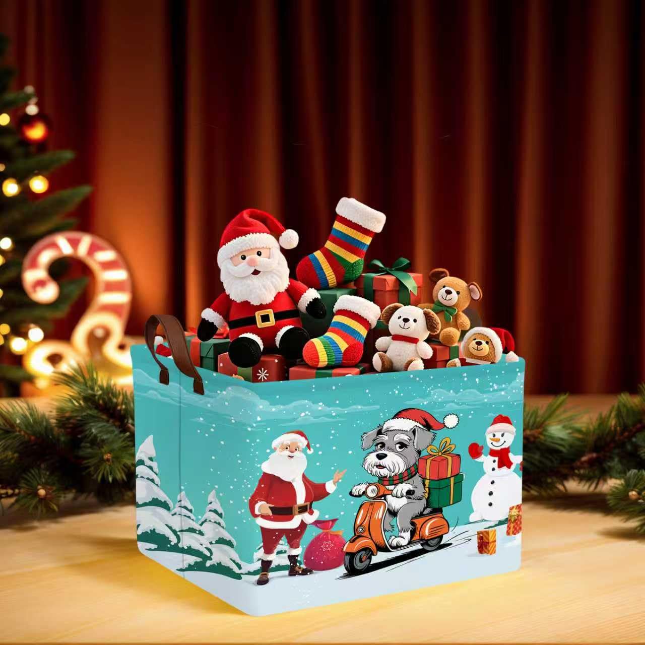 NIETEIN Large Kids Christmas Holiday Gift Empty Baskets Collapsible Families Holiday Storage Bin with Handle (Santa Claus Dog Snowflake)