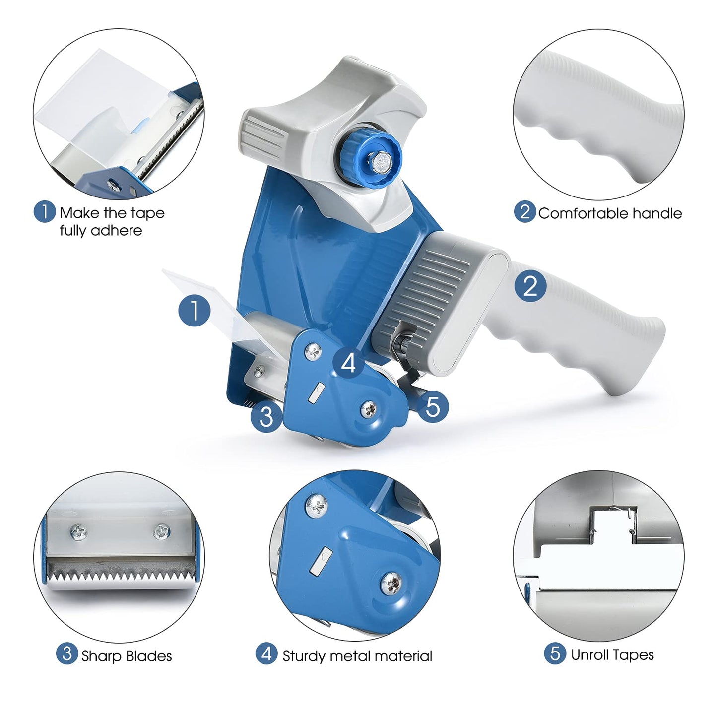 Pacific Mailer 2 Inch Tape Gun Dispenser with 2 Inch Carton Packing Tape, Lightweight Industrial Side Loading Tape Dispenser - Blue