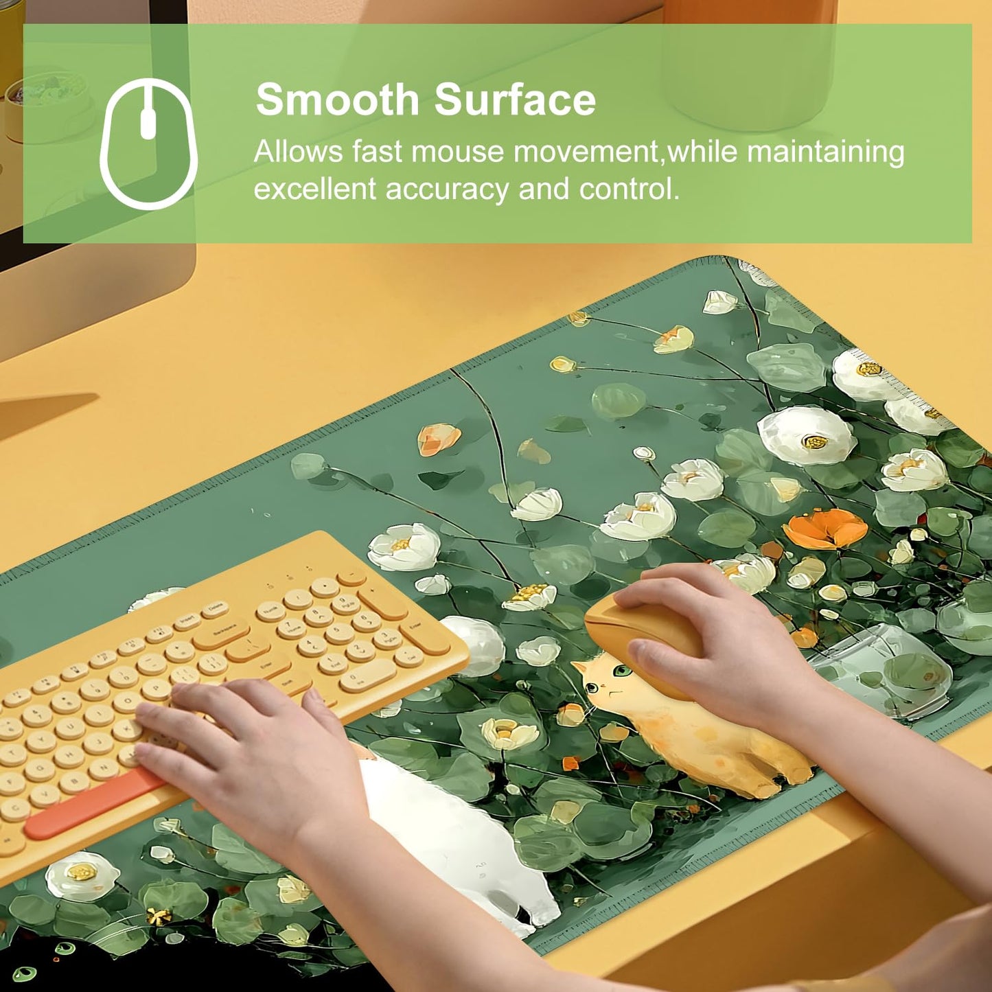 Desk Mat, XXL Extended Gaming Pad for Desktop, 31x12 Inches Floral Cats Three Kittens with Flowers, Large Non-Slip Vegan Leather Surface with Stitched Edges, Keyboard Mouse Mat for Home Office