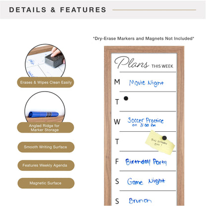 MCS Dry Erase Weekly Planner 11x24 Walnut Framed Calander Whiteboard for Wall, Plan Your Week with Family Weekly Planner for Dinners, Sports, Events & More