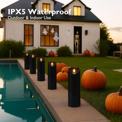 Homemory 4"x12" Black Flameless Candles, Halloween Candles, Outdoor Waterproof Flameless Candles with Remote and Timers, Gothic, Battery Operated LED Pillar Candles, Won't Melt Plastic, 2Pack