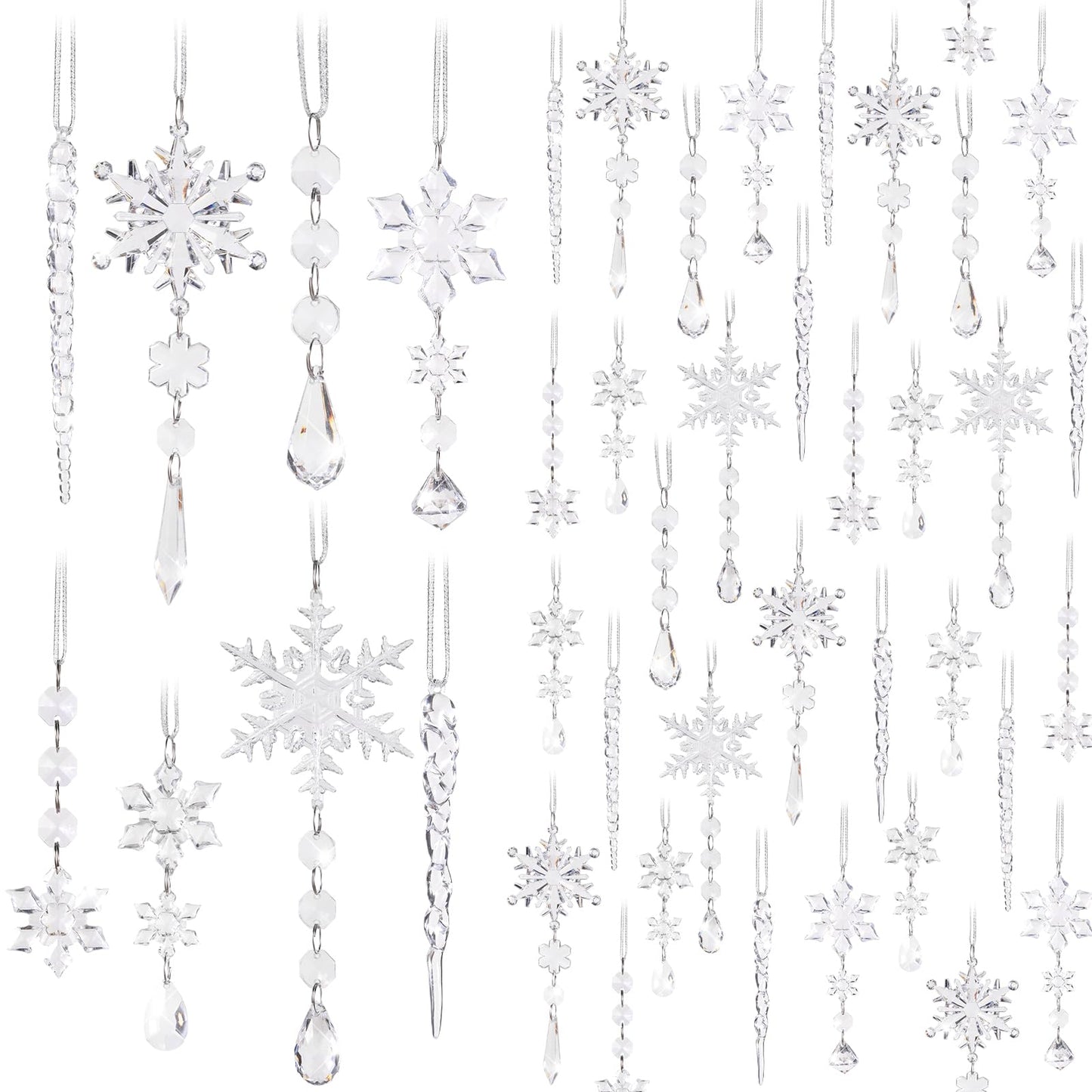 100 Pcs Christmas Tree Decoration Crystal Ornaments Hanging Snowflake Icicle Drop Crystal Christmas Ornaments for Tree Winter Wonderland Party Supplies