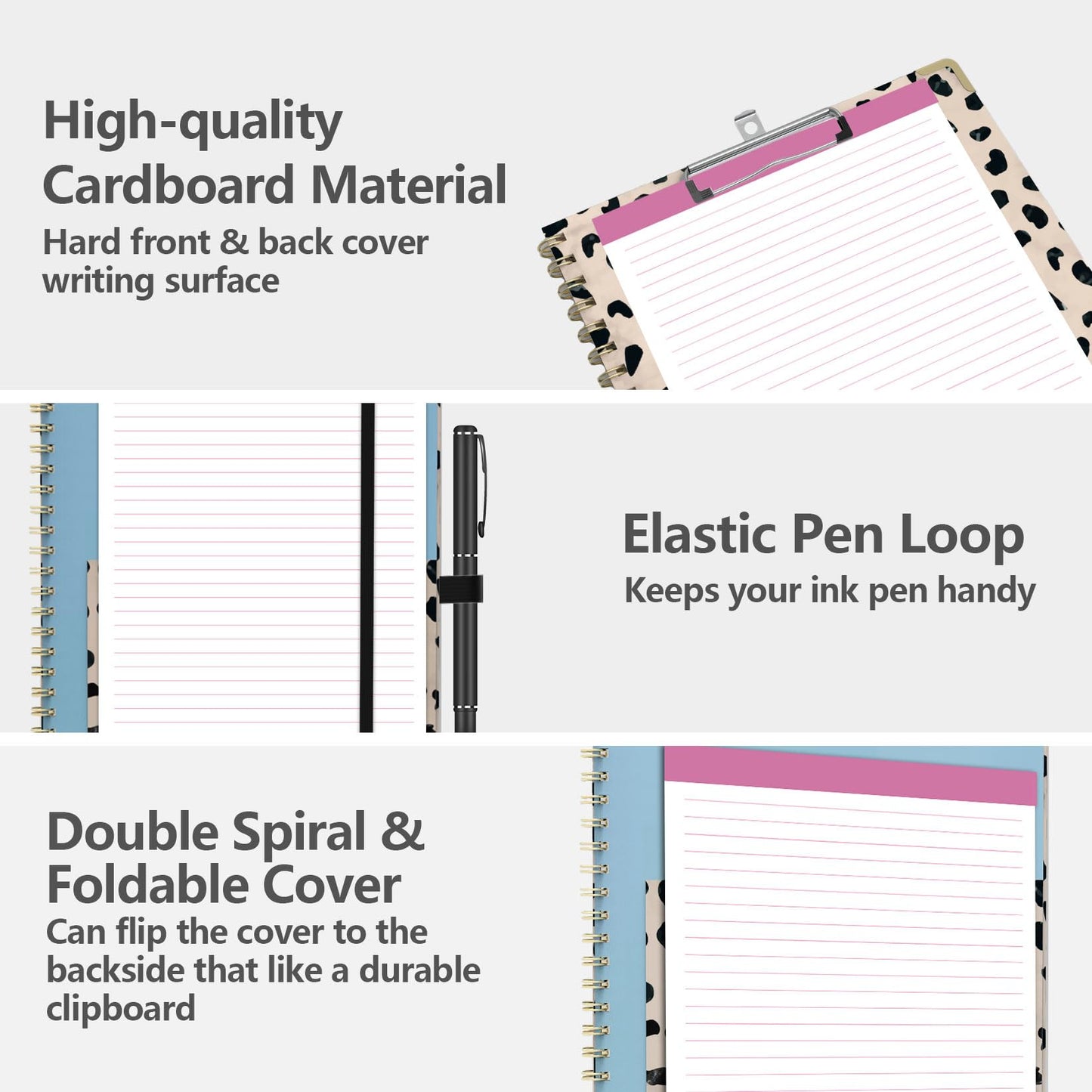 Clipboard Folio with Notepad for Letter Size (11" x 8.5"), 5 Extra Folders with Storage 10 Pockets, 39 File Folder Labels, Elastic Closure Spiral Clipboard with Storage(Cheetah Spots)