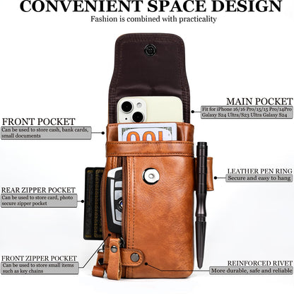 Ariscobull - Leather Phone Holster - Genuine Full-Grain Buffalo Leather Cell Phone Holsters - for iPhone 16, 15, 14, 13pro, Galaxy S24, S23, S22 (Brown, Large)