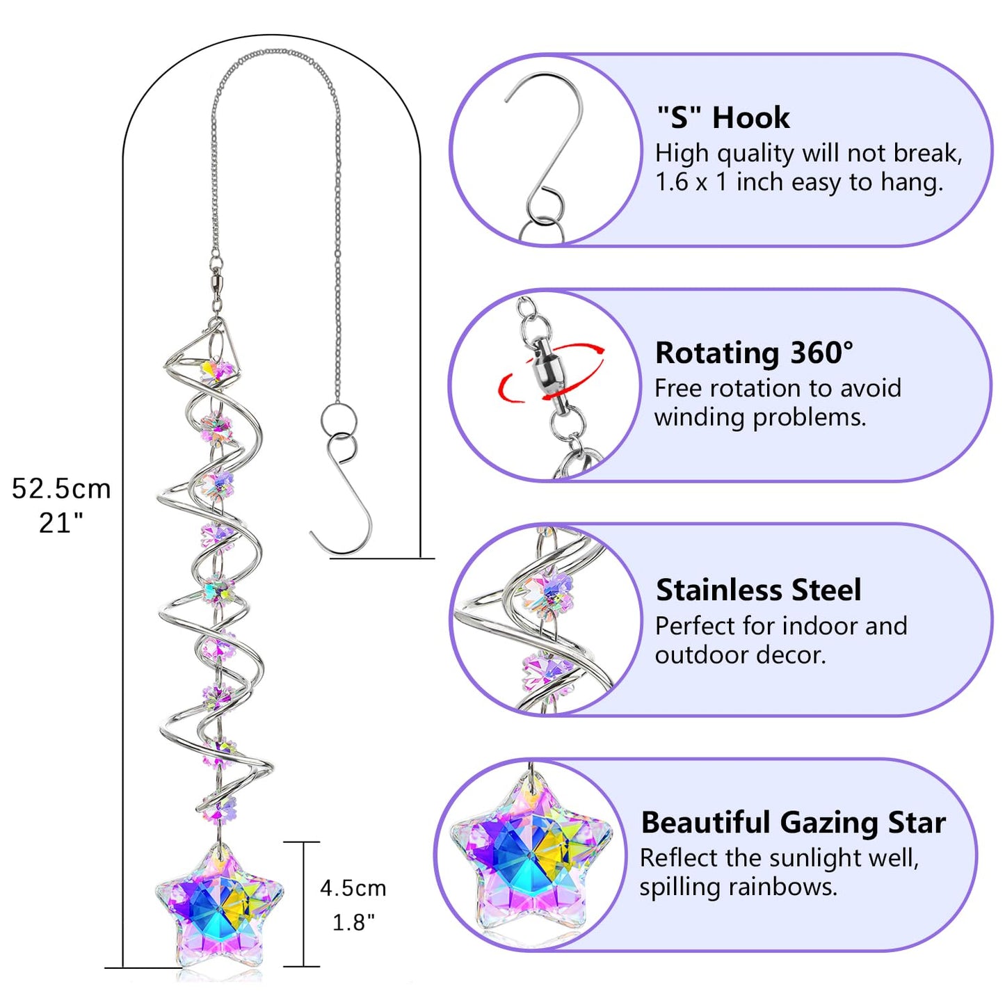 H&D HYALINE & DORA 21inch Crystal Suncatcher for Window Hanging Double-Spiral Design Gazing Ball Spiral Tail Wind Spinners Sun Catchers Rainbow Maker Indoor Outdoor Christmas Decoration