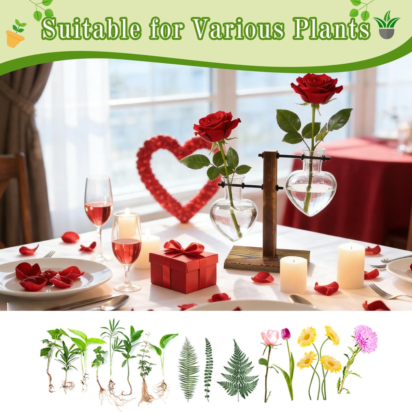 XXXFLOWER Plant Terrarium Wooden Stand, Hydroponic Planter Bulb Glass Metal Swivel Holder Retro Air Plants Water Plants for Home Office Decoration,Gifts for Plant Lover Wife Mom- 2 Love Bulb Vase
