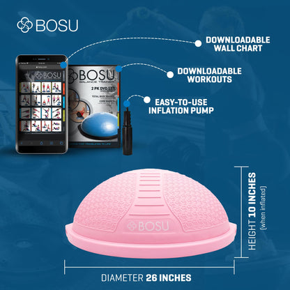 BOSU Pro Balance Trainer, Half-Ball Training Equipment, 350 lb Capacity - Stability Exercise Tool with Non-Slip Base, Includes Hand Pump, Pink