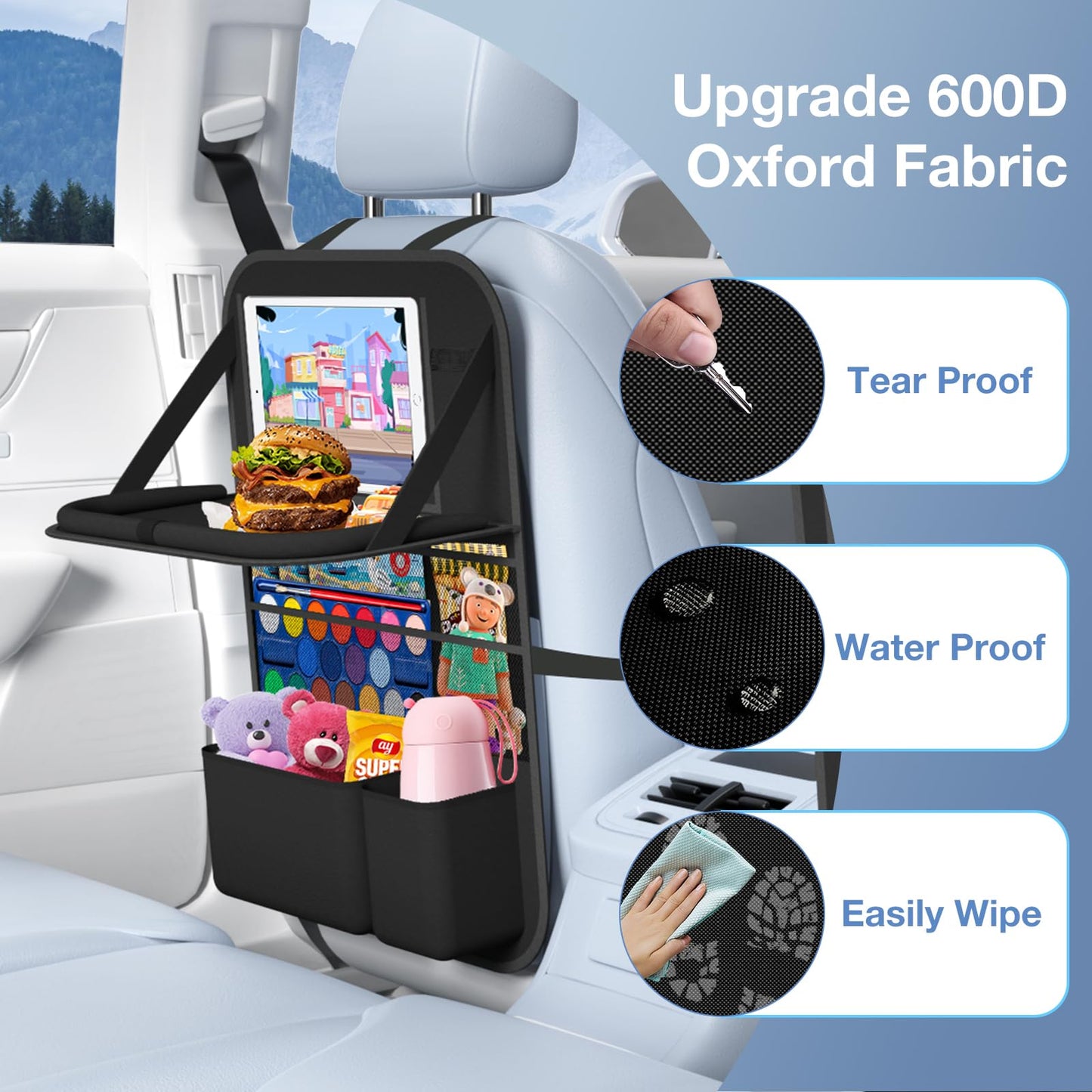 Oneyus Car Backseat Organizer with Table Tray(2-Pack) 9 Storage Pockets Backseat Car Organizer and storage with Tablet Holder, Kick Mats Back Seat Cover for Kids family Road Trip Essentials Travel