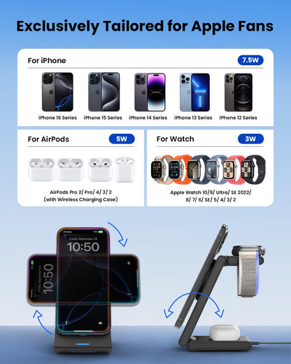 Wireless Charging Station for Apple - 3 in 1 Wireless Charger Stand Dock Watch and Phone Charger Station for Apple Watch 11/8/7/SE/6/5/4/3/2, iPhone 17 16-12 Pro Max SE XS X, Samsung, AirPods Pro/3/2