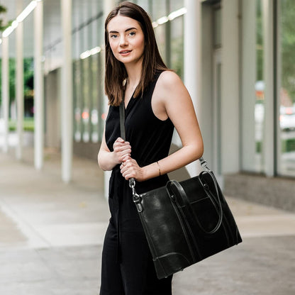 S-ZONE Leather Tote Bag for Women Office Shoulder Handbag 15.6 Inch Work Laptop Briefcase (Black)