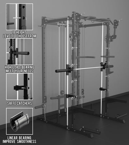 Eonfit E3 Smith Machine with 3D Rotating Arm for Home Gym Equipment, Multi-Function Power Cage Squat Rack with Cable Crossover LAT Pulldown Pulley System All in One (Black, PRO)