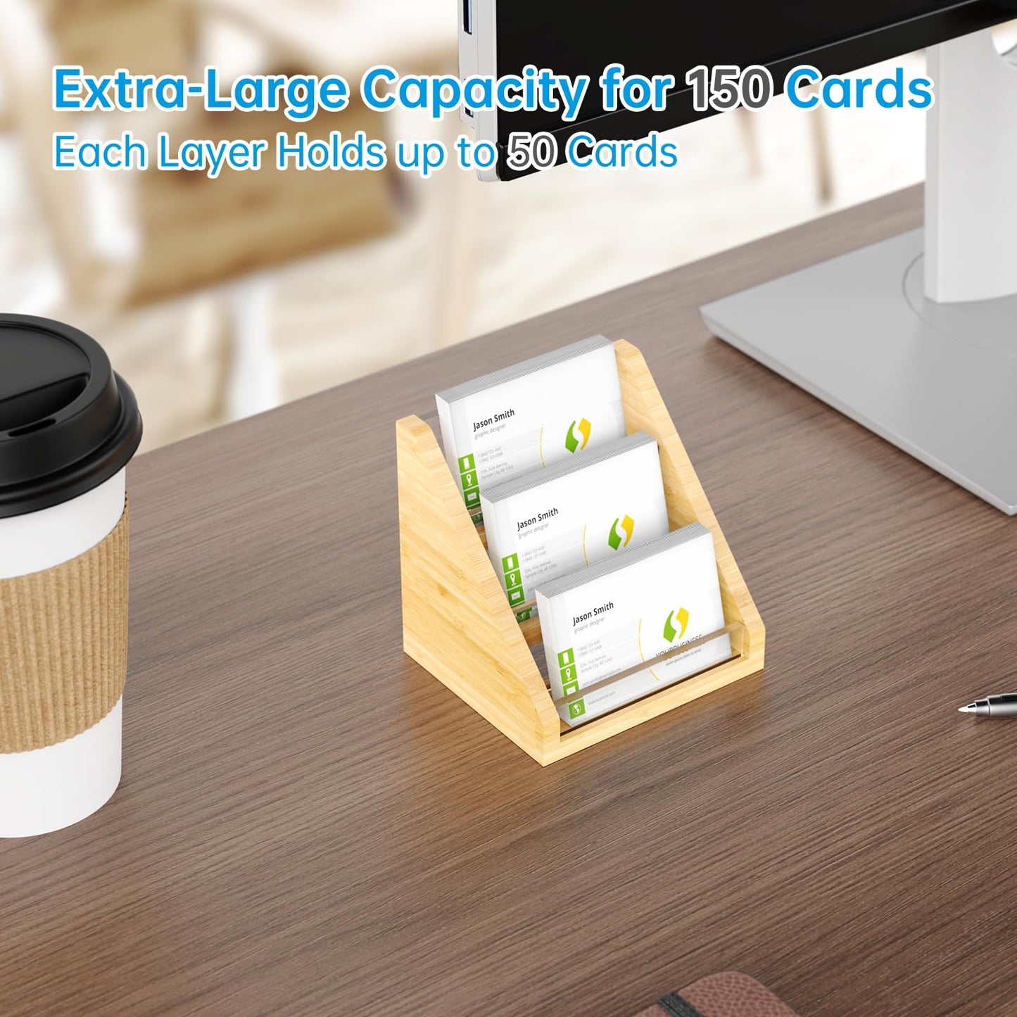 Sleek Bamboo Acrylic Business Card Holder for Reception, Office Desk, Meetings, Trade Shows, Home Office, Versatile Use Professional Display, Natural Modern Blend Elegant Organizer (3 Tiers)