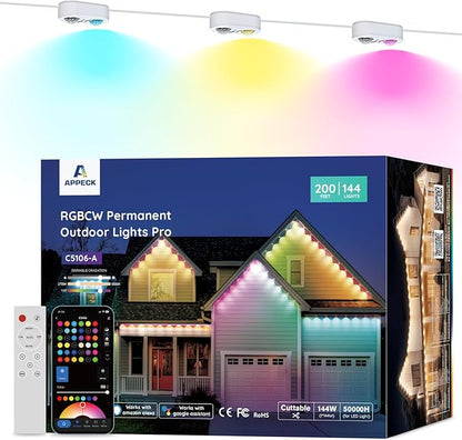 APPECK Permanent Outdoor Lights Pro 200ft, 144W RGBCW Eaves Lights with 144 LED Lights, 80lm, Cuttable, 111 Scene Modes, IP67 Waterproof Lighting for Halloween Decoration, Work with Alexa, White
