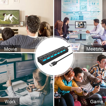 Multi Port Splitter, 7 Port USB 2.0 Hub, USB A Port Data Hub with Independent On/Off Switch and LED Indicators, Lights for Laptop, PC, Computer, Mobile HDD, Flash Drive and More (Black 2.0)