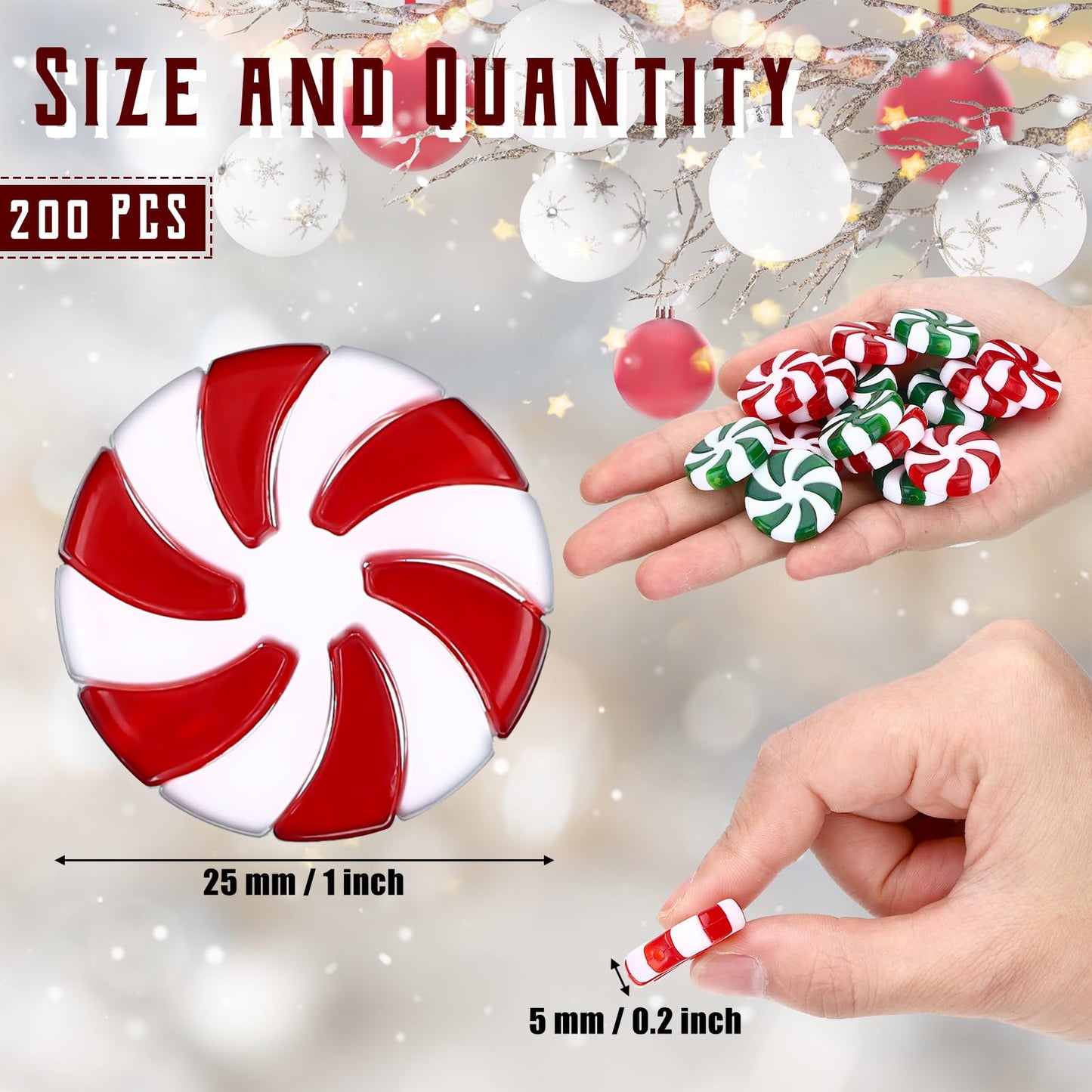 200 Pcs 25 mm Fake Christmas Candy Cane Peppermint Ornaments for Christmas Tree Decorations Xmas Candy Decor Ornaments Craft for DIY Crafts (Red White,Green White)