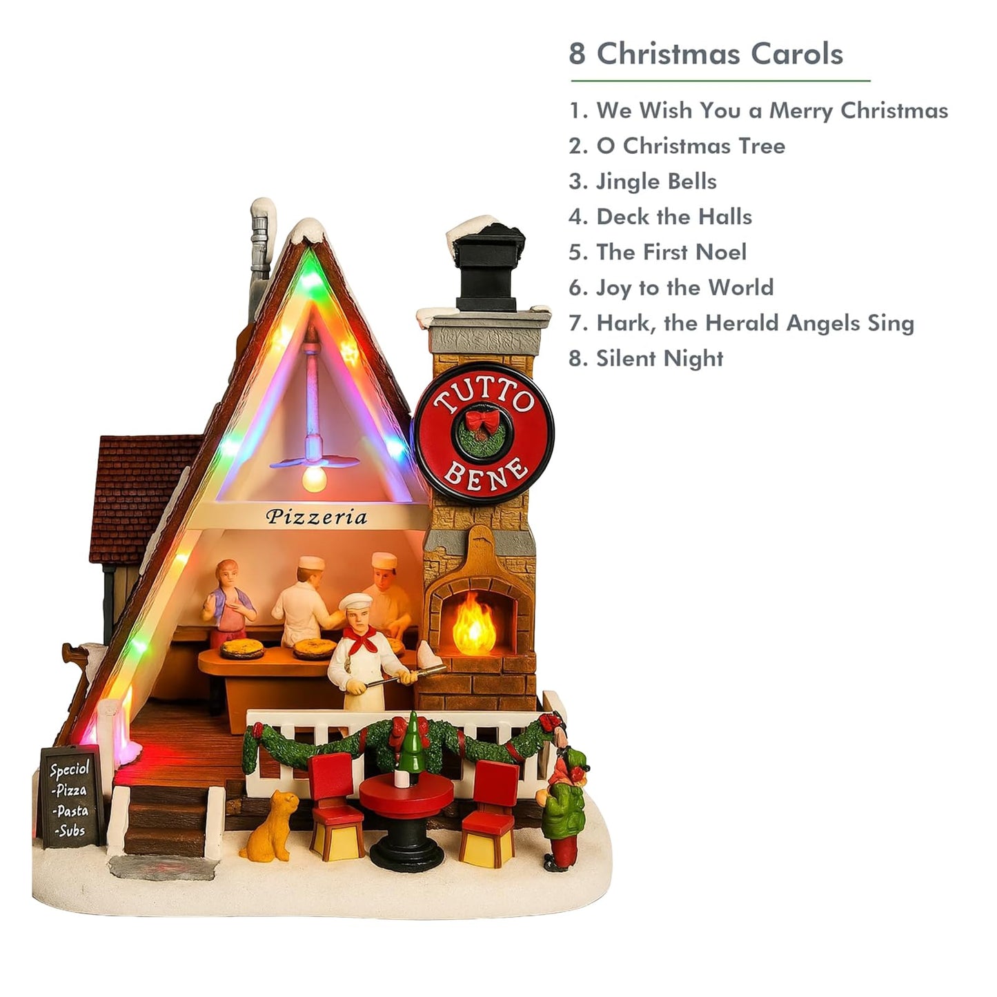 MOMENTS IN TIME Pizza Christmas Village Pizza Shop Scene LED Musical Pizzeria Scene Handcrafted Italian Restaurant Holiday Decoration Battery Operated Tabletop Display Christmas Village Display