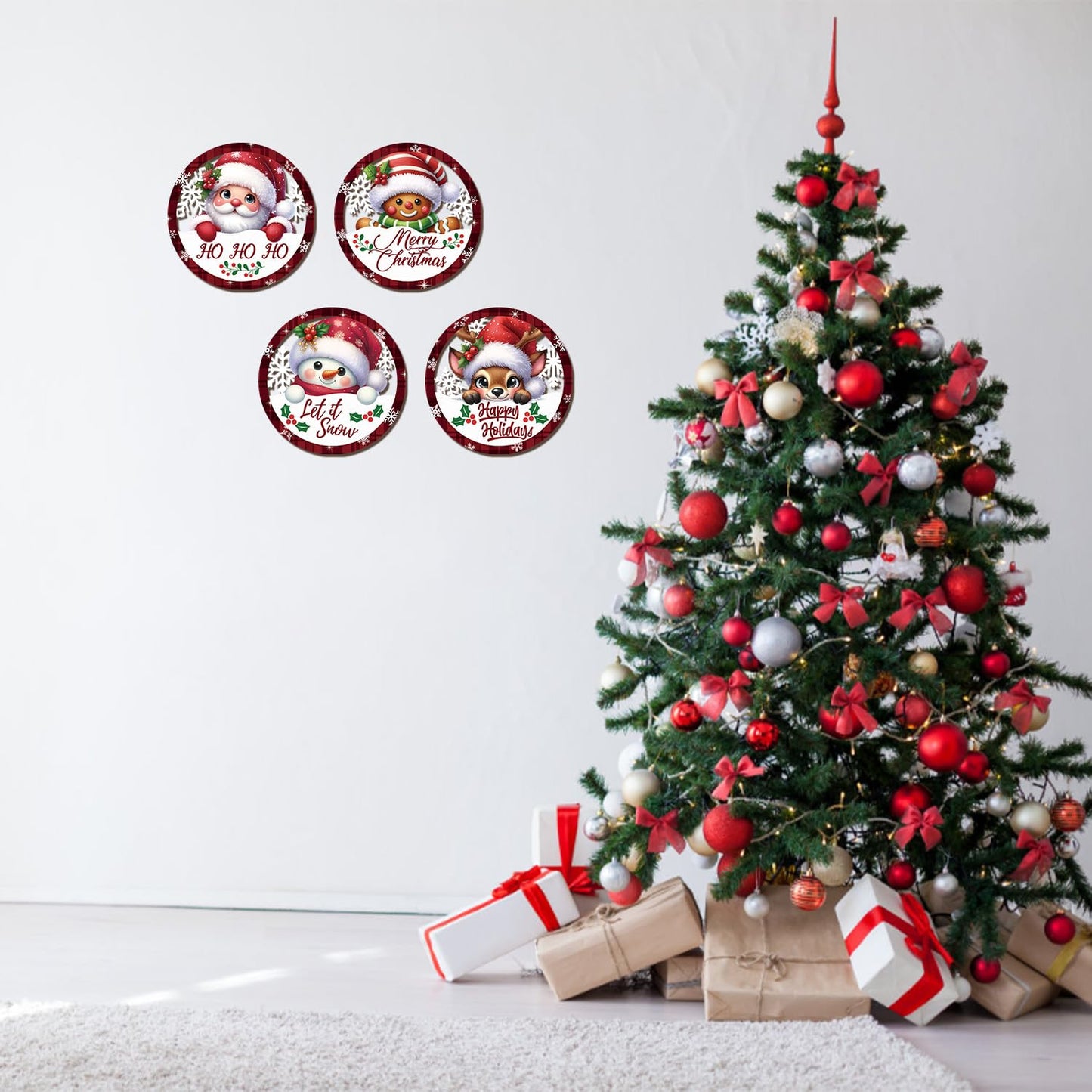 HOURIA 4PCS Christmas Wall Decorations Indoor, Merry Christmas Buffalo Plaid Wooden Hanging Wall Decor,10" Reindeer Gingerbread Man Snowman Sign,Xmas Holidays Wreath Sign for Living Room Bedroom