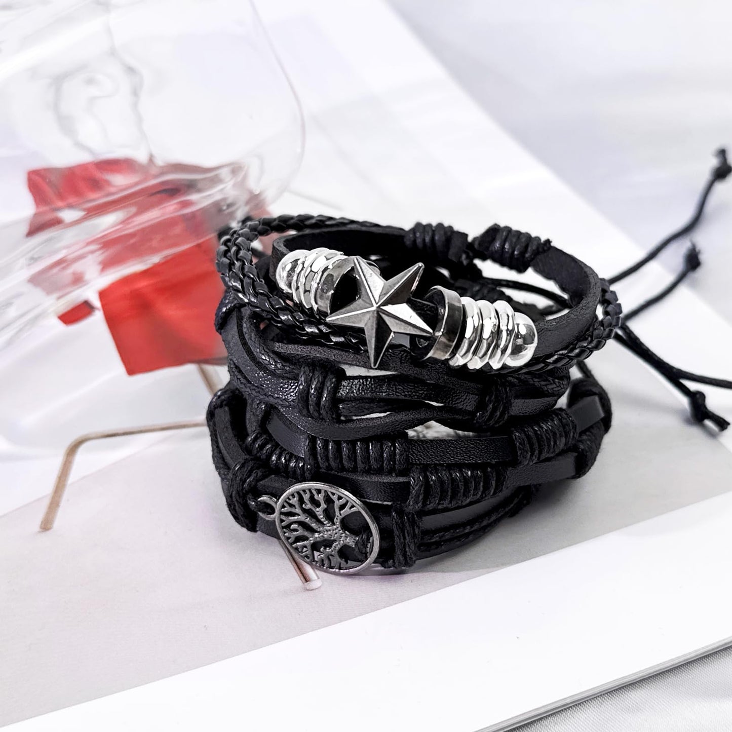 31Pcs Braided Leather Bracelets for Men Women Punk Wrap Cuff Bracelets Hemp Cords Wood Beads Ethnic Tribal Handmade Wrap Wristband Gothic Evil Eye Bracelets Set Adjustable Skull Skeleton Accessories