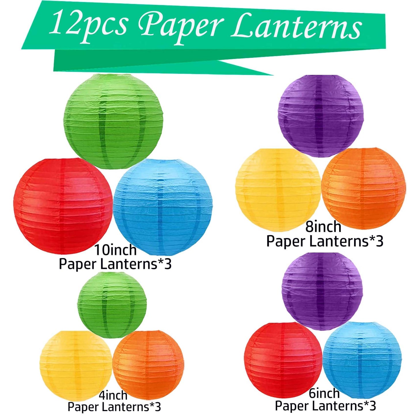 KUNYYI Rainbow Paper Lanterns 12Pcs Colourful Hanging Lanterns for Birthday Party, Wedding, Home Decor, Baby Shower Festive Decoration